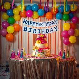 A vibrant birthday celebration scene featuring a beautiful birthday setup for the individual in the image