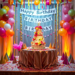 A vibrant birthday celebration scene featuring a beautiful birthday setup for the individual in the image