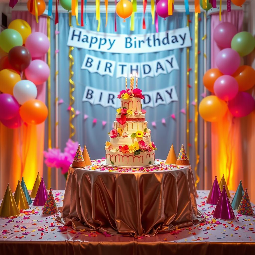 A vibrant birthday celebration scene featuring a beautiful birthday setup for the individual in the image