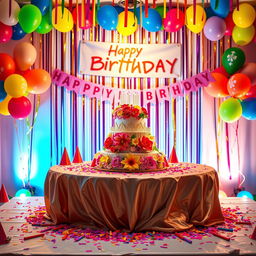 A vibrant birthday celebration scene featuring a beautiful birthday setup for the individual in the image
