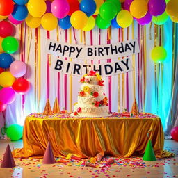 A vibrant birthday celebration scene featuring a beautiful birthday setup for the individual in the image
