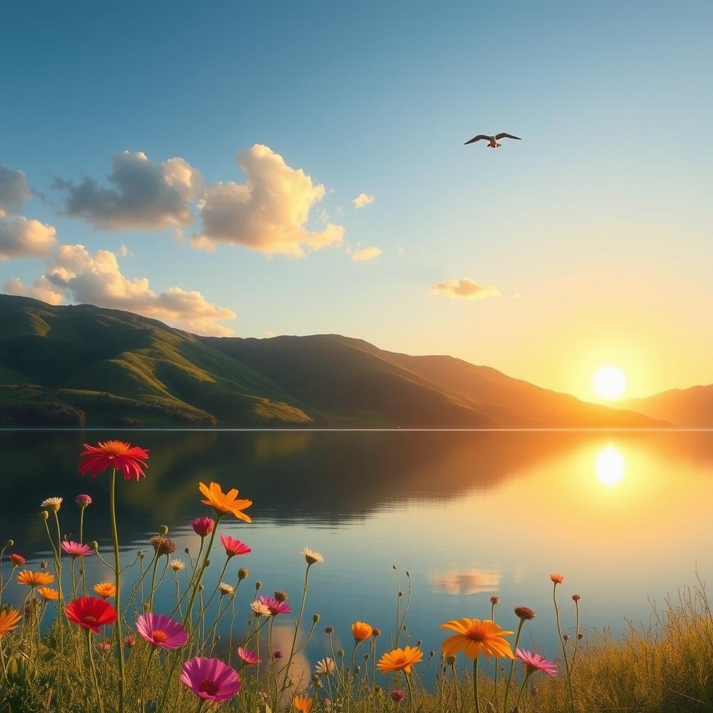 A peaceful landscape depicting a serene scene with a golden sunset reflecting on a calm lake surrounded by lush green hills
