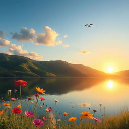 A peaceful landscape depicting a serene scene with a golden sunset reflecting on a calm lake surrounded by lush green hills