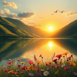 A peaceful landscape depicting a serene scene with a golden sunset reflecting on a calm lake surrounded by lush green hills