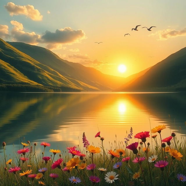 A peaceful landscape depicting a serene scene with a golden sunset reflecting on a calm lake surrounded by lush green hills