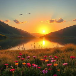 A peaceful landscape depicting a serene scene with a golden sunset reflecting on a calm lake surrounded by lush green hills