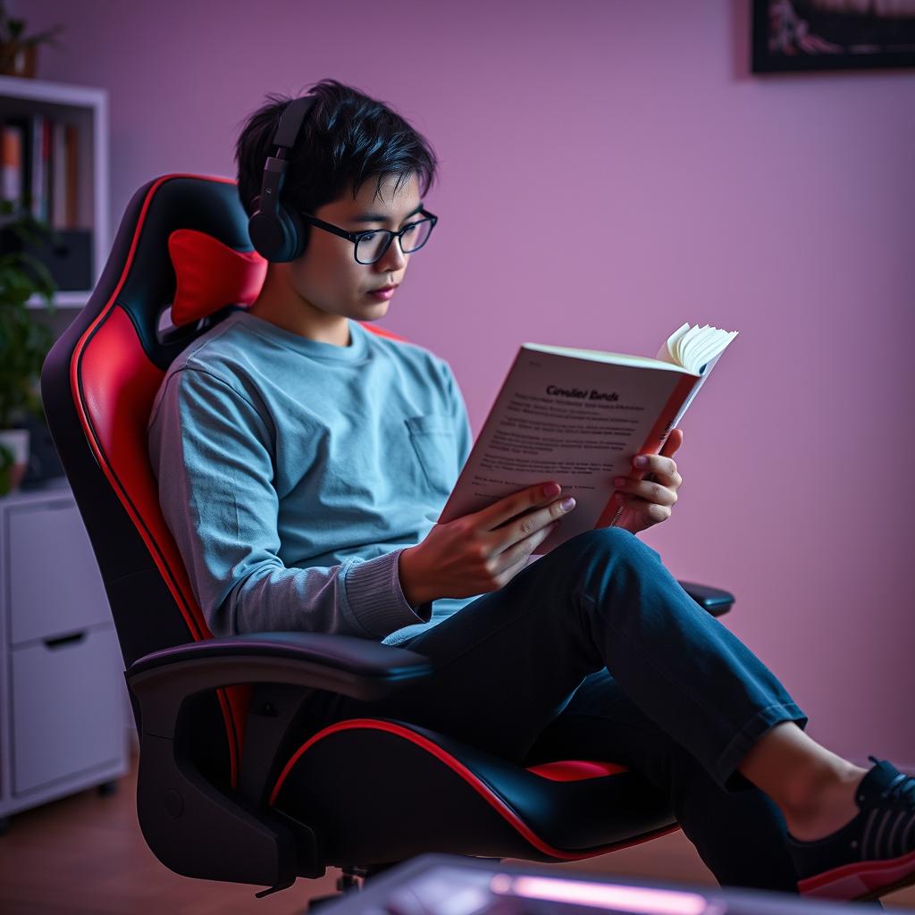 A person sitting on a distinctive gaming chair, deeply engaged in studying