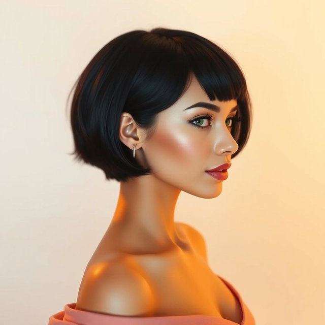 A stunning side profile of a beautiful woman with short black hair and piercing green eyes, adorned with delicate silver earrings