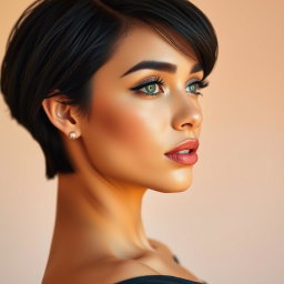 A stunning side profile of a beautiful woman with short black hair and piercing green eyes, adorned with delicate silver earrings