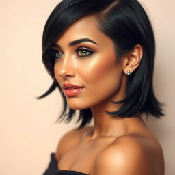 A stunning side profile of a beautiful woman with short black hair and piercing green eyes, adorned with delicate silver earrings