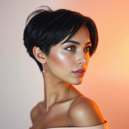 A stunning side profile of a beautiful woman with short black hair and piercing green eyes, adorned with delicate silver earrings
