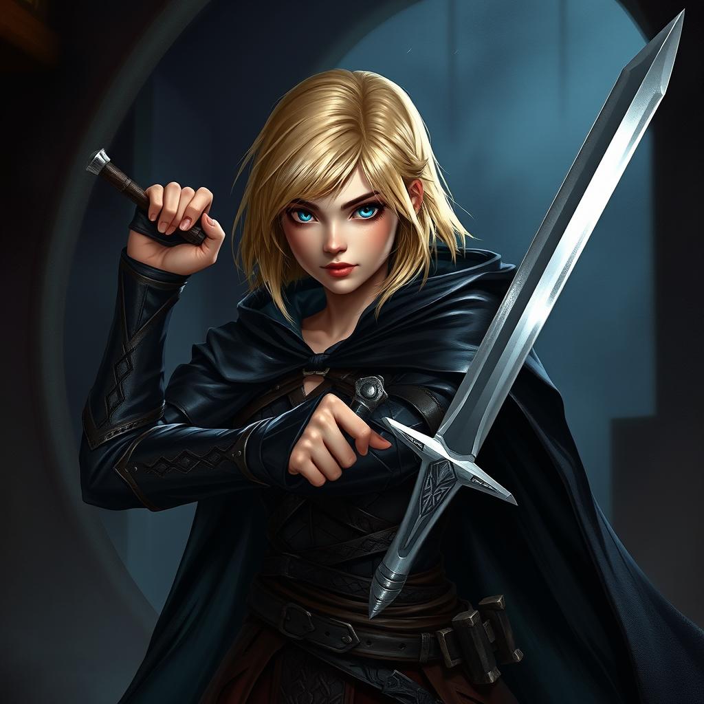 A female young human rogue standing confidently, with vibrant blond shoulder-length hair and striking blue eyes, wielding a short sword poised for action