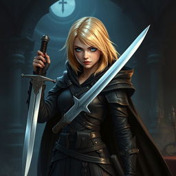 A female young human rogue standing confidently, with vibrant blond shoulder-length hair and striking blue eyes, wielding a short sword poised for action