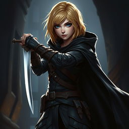 A female young human rogue standing confidently, with vibrant blond shoulder-length hair and striking blue eyes, wielding a short sword poised for action