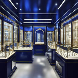 A 10 feet by 25 feet jewellery shop with royal blue aesthetics, filled with luxurious display cases of sparkling jewels and elegant lighting.