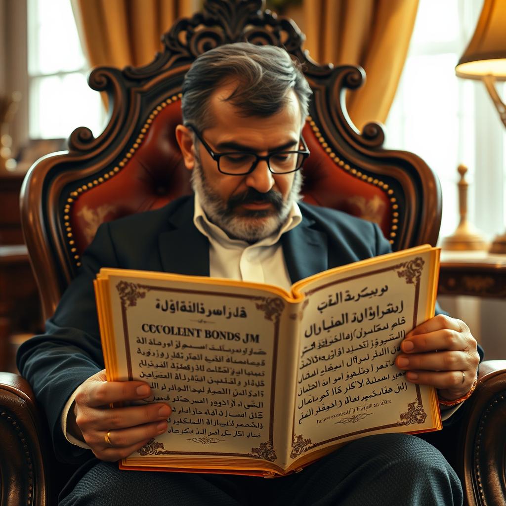 A middle-aged Iranian man with a beautiful black beard and mustache, sitting comfortably on a distinctive gaming chair