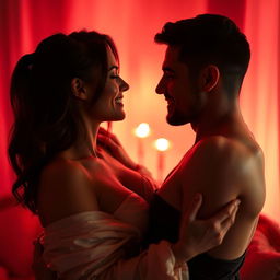 A sensual, intimate scene featuring a couple embracing in a warm, softly lit room