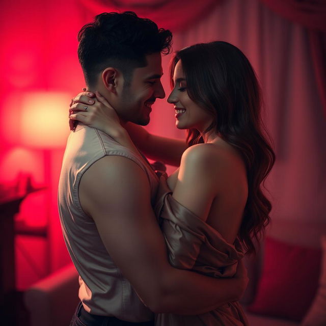 A sensual, intimate scene featuring a couple embracing in a warm, softly lit room