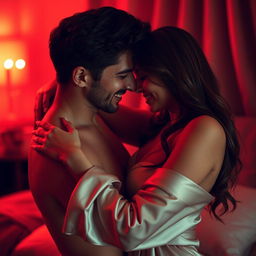 A sensual, intimate scene featuring a couple embracing in a warm, softly lit room