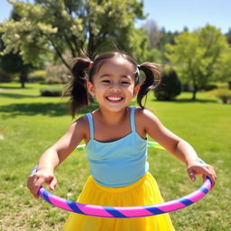 A cheerful girl playing with a colorful hula hoop in a sunny park