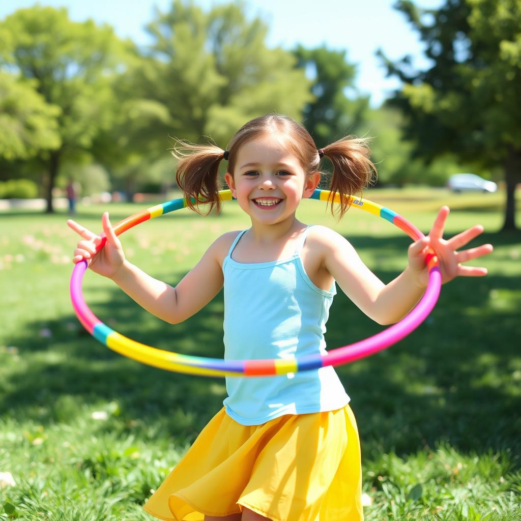 A cheerful girl playing with a colorful hula hoop in a sunny park