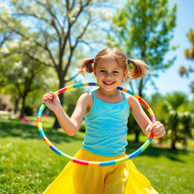 A cheerful girl playing with a colorful hula hoop in a sunny park