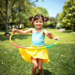 A cheerful girl playing with a colorful hula hoop in a sunny park