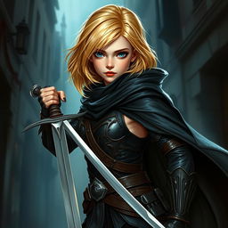 A female young human rogue in a dynamic stance, with vibrant blond shoulder-length hair cascading around her striking blue eyes
