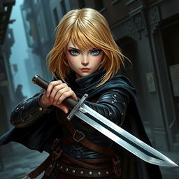 A female young human rogue in a dynamic stance, with vibrant blond shoulder-length hair cascading around her striking blue eyes