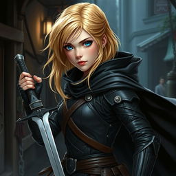 A female young human rogue in a dynamic stance, with vibrant blond shoulder-length hair cascading around her striking blue eyes