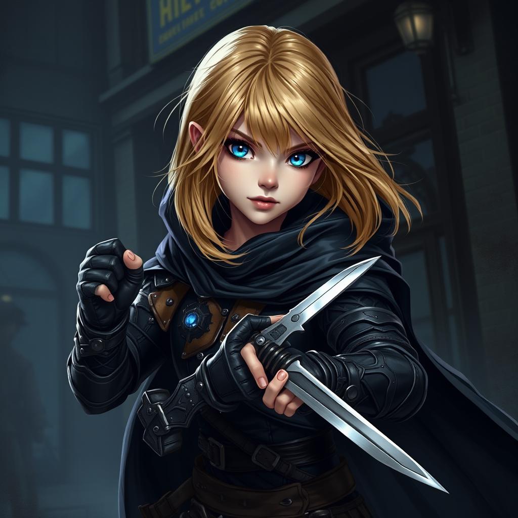 A female young human rogue in a dynamic stance, with vibrant blond shoulder-length hair cascading around her striking blue eyes