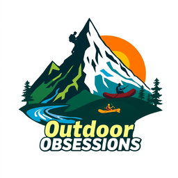 A vibrant and dynamic logo encompassing elements of hiking, mountain climbing, rappelling, and river rafting