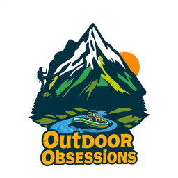 A vibrant and dynamic logo encompassing elements of hiking, mountain climbing, rappelling, and river rafting