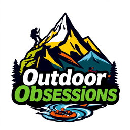 A vibrant and dynamic logo encompassing elements of hiking, mountain climbing, rappelling, and river rafting