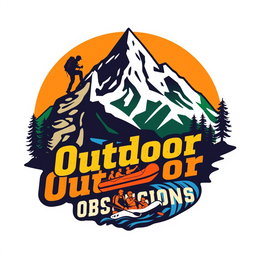 A vibrant and dynamic logo encompassing elements of hiking, mountain climbing, rappelling, and river rafting
