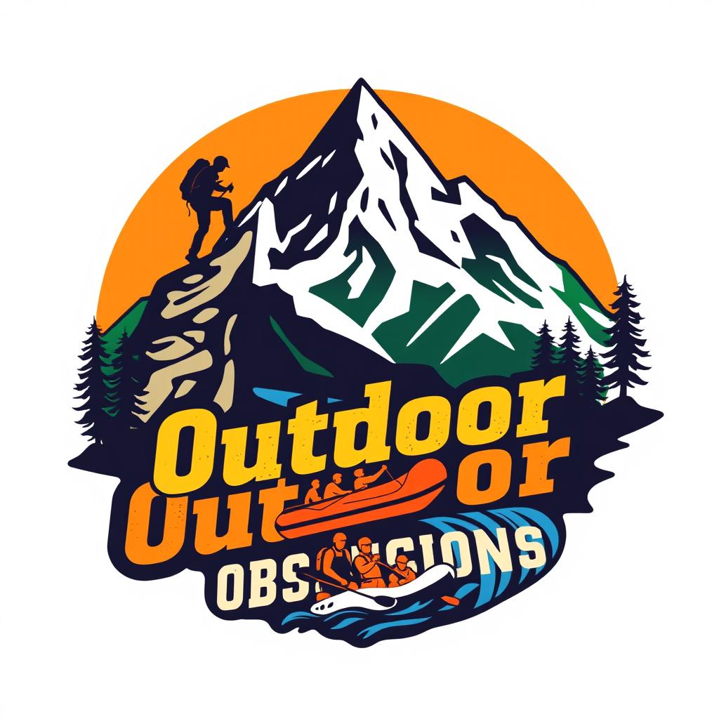 A vibrant and dynamic logo encompassing elements of hiking, mountain climbing, rappelling, and river rafting