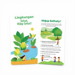Desain leaflet berwarna cerah tentang lingkungan sehat, menampilkan gambar ilustratif dari alam seperti pohon hijau, sungai yang bersih, dan orang-orang beraktivitas di luar ruangan