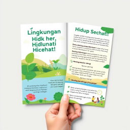 Desain leaflet berwarna cerah tentang lingkungan sehat, menampilkan gambar ilustratif dari alam seperti pohon hijau, sungai yang bersih, dan orang-orang beraktivitas di luar ruangan