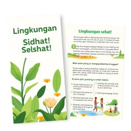 Desain leaflet berwarna cerah tentang lingkungan sehat, menampilkan gambar ilustratif dari alam seperti pohon hijau, sungai yang bersih, dan orang-orang beraktivitas di luar ruangan