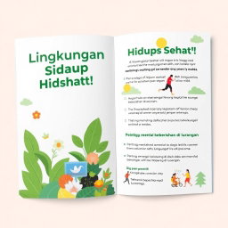 Desain leaflet berwarna cerah tentang lingkungan sehat, menampilkan gambar ilustratif dari alam seperti pohon hijau, sungai yang bersih, dan orang-orang beraktivitas di luar ruangan