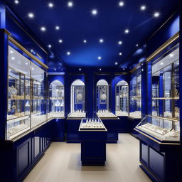 A 10 feet by 25 feet jewellery shop with royal blue aesthetics, filled with luxurious display cases of sparkling jewels and elegant lighting.