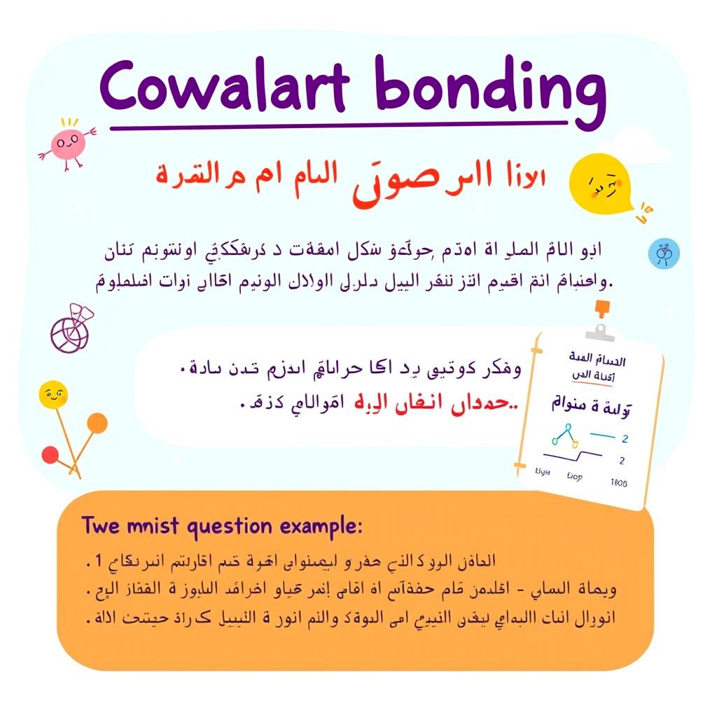 A creative educational illustration explaining covalent bonding in Persian, featuring text that defines covalent bonds elegantly written in Persian script, alongside an example question related to covalent bonding