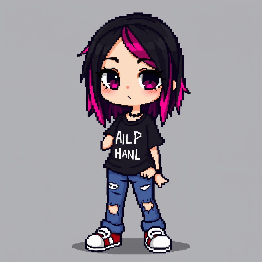 A pixel art sprite of an emo girl characterized by her striking black hair adorned with vibrant pink strands