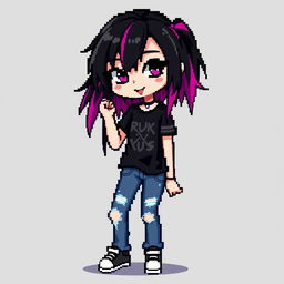 A pixel art sprite of an emo girl characterized by her striking black hair adorned with vibrant pink strands