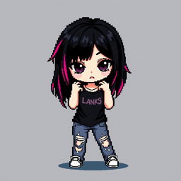 A pixel art sprite of an emo girl characterized by her striking black hair adorned with vibrant pink strands