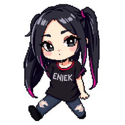 A pixel art sprite of an emo girl characterized by her striking black hair adorned with vibrant pink strands