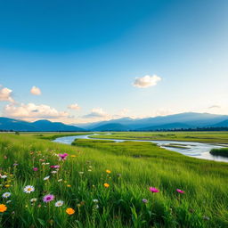 A serene natural landscape featuring a lush green meadow with wildflowers in full bloom, a clear blue sky dotted with fluffy white clouds, distant mountains softly lit by the warm sun, and a gently flowing river reflecting the vibrant colors of the surroundings
