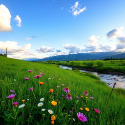 A serene natural landscape featuring a lush green meadow with wildflowers in full bloom, a clear blue sky dotted with fluffy white clouds, distant mountains softly lit by the warm sun, and a gently flowing river reflecting the vibrant colors of the surroundings
