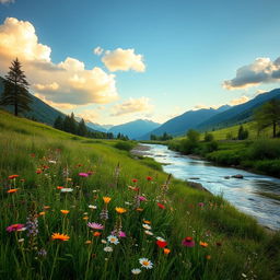 A serene natural landscape featuring a lush green meadow with wildflowers in full bloom, a clear blue sky dotted with fluffy white clouds, distant mountains softly lit by the warm sun, and a gently flowing river reflecting the vibrant colors of the surroundings
