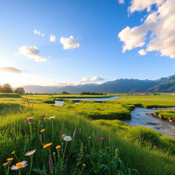 A serene natural landscape featuring a lush green meadow with wildflowers in full bloom, a clear blue sky dotted with fluffy white clouds, distant mountains softly lit by the warm sun, and a gently flowing river reflecting the vibrant colors of the surroundings